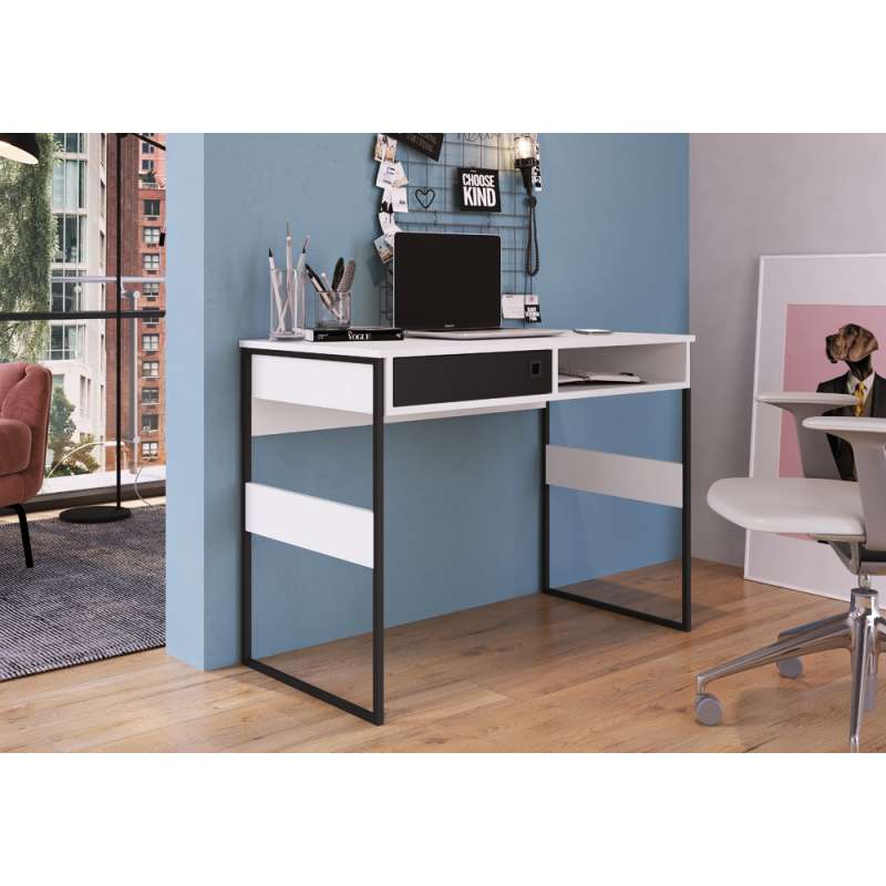 Mesa Home Office Sydney 100cm Branca e Preta - Branco e Preto