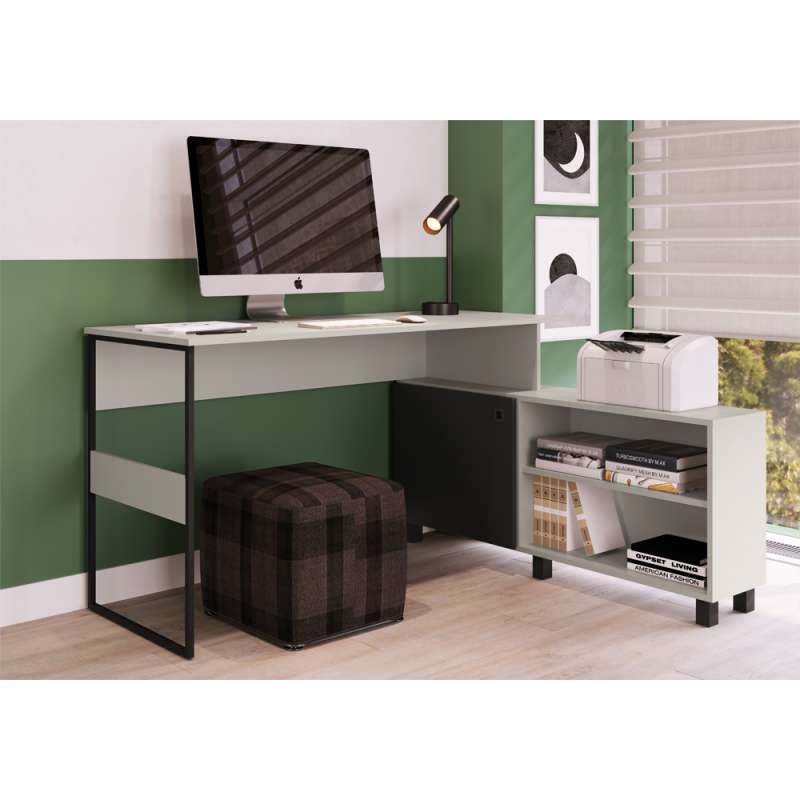 Escrivaninha em L com Balc&atilde;o Vegas Bege - Metallic Suede Bege